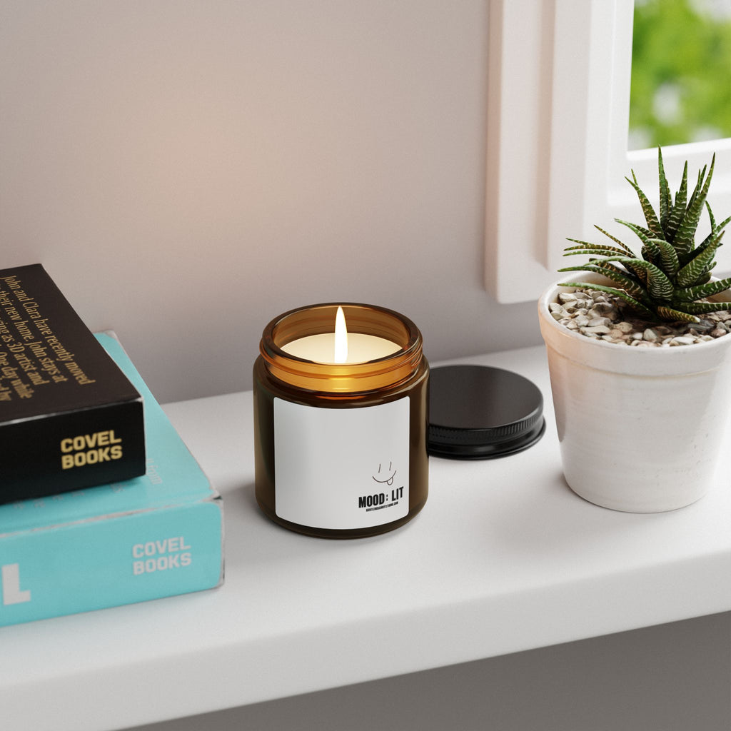 Hand-drawn Smiley Face Mood Lift Soy Candle — Amber Jar Scented Candle (Calming Aromas)