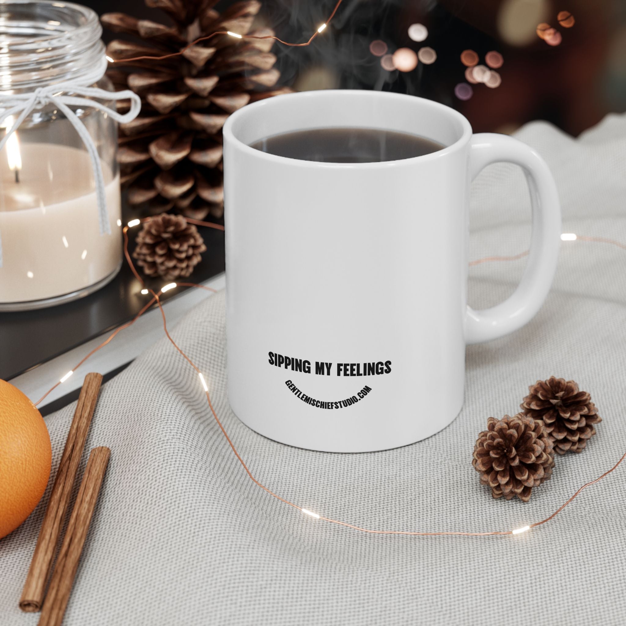 Hand-drawn Smiley Face Coffee Mug — "Sipping My Feelings" by Gentle Mischief Studio, Ceramic Mug (11oz)