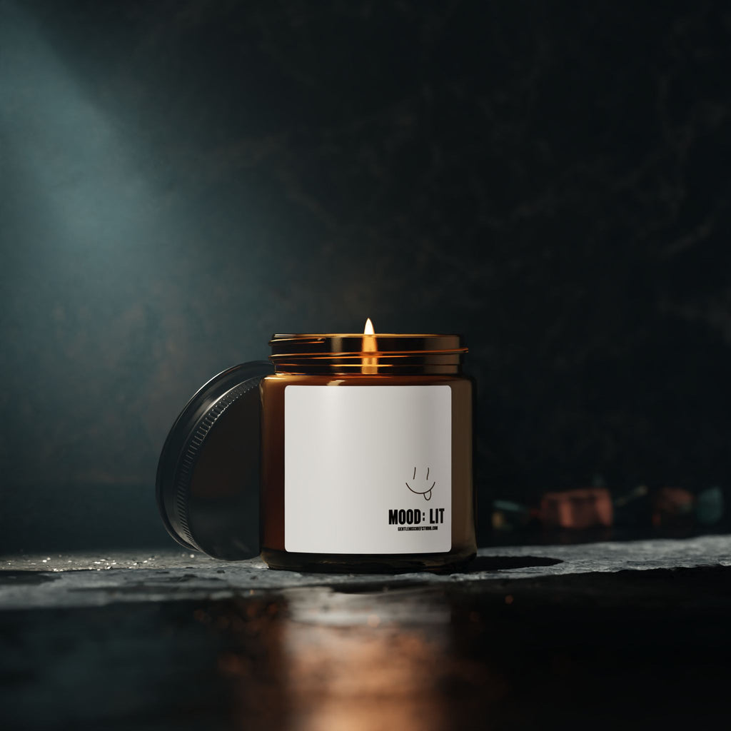 Hand-drawn Smiley Face Mood Lift Soy Candle — Amber Jar Scented Candle (Calming Aromas)