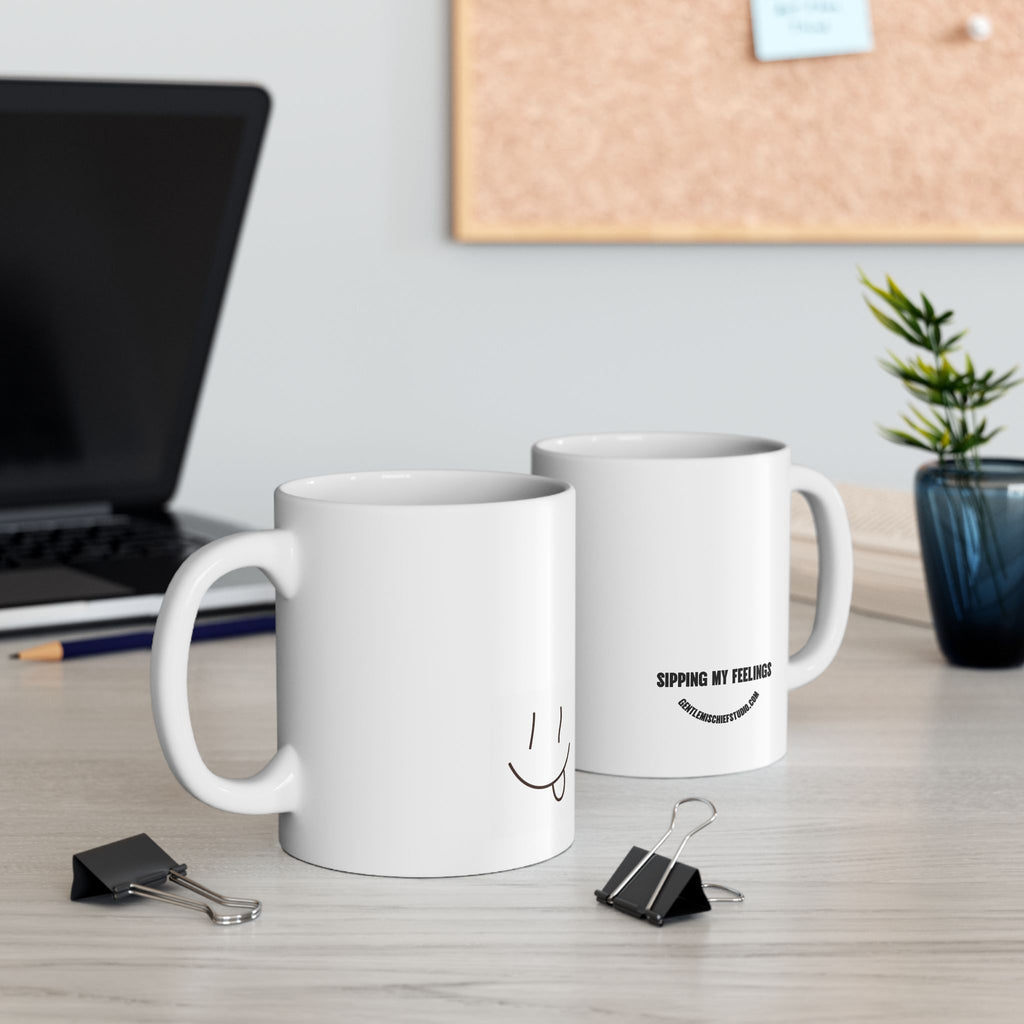 Hand-drawn Smiley Face Coffee Mug — "Sipping My Feelings" by Gentle Mischief Studio, Ceramic Mug (11oz)
