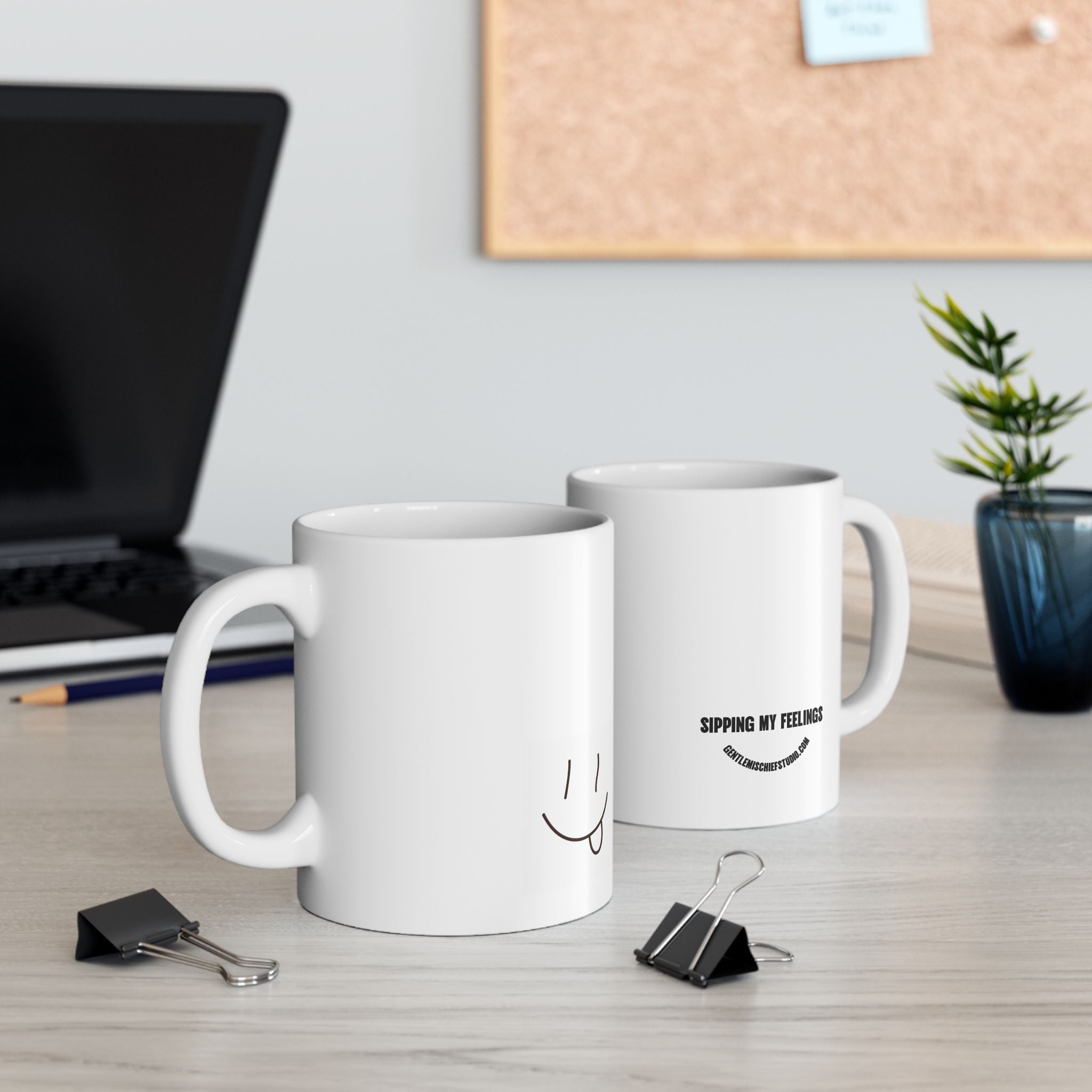 Hand-drawn Smiley Face Coffee Mug — "Sipping My Feelings" by Gentle Mischief Studio, Ceramic Mug (11oz)