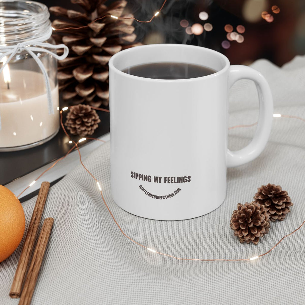 Hand-drawn Smiley Face Coffee Mug — "Sipping My Feelings" by Gentle Mischief Studio, Ceramic Mug (11oz)